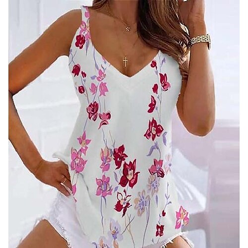 

Mujer Camiseta sin mangas Negro Rojo Azul Marino Floral Estampado Sin Mangas Casual Festivos Básico Escote en Pico Regular Flor S