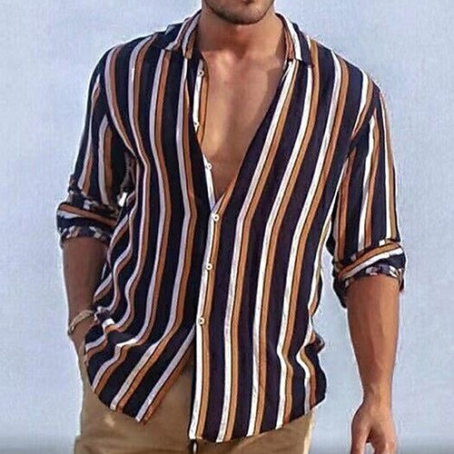 

Herre Skjorte Button Up skjorte Sommer skjorte Casual skjorte Strandtrøje Sort Hvid Blå Brun Langærmet Stribet Knaphul Gade Ferierejse Trykt mønster Tøj Mode Fritid Hawaiiansk