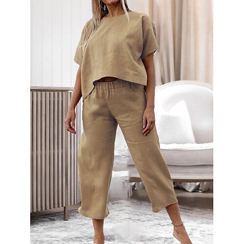 

Dame Plusstørrelser Loungewear Sæt Ren farve Enkel Afslappet Komfort Hjem Daglig Ferierejse Polyester Åndbart Rund hals Kortærmet Skjorte Bukse Sommer Forår Sort Vin