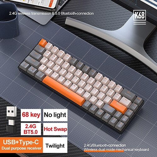 

k68 2.4g/bt5.0 trådløst gaming mekanisk tastatur 68 taster hotswap mini gaming mekanisk tastatur pbt keycaps 65% tastaturer