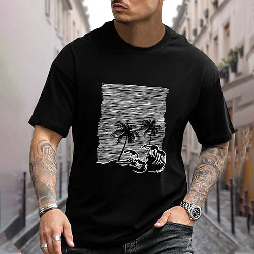 

Herre Store størrelser Big Tall T skjorte T-skjorter Wave & Palm Graphic Tree Crewneck Svart Kort Erme utendørs Ut på byen Trykt mønster Grafiske trykk Klær Bomullsblanding Stilfull Fritid Topper
