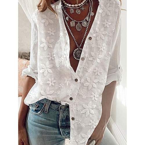 

Women's Shirt Blouse White Floral Button Jacquard Long Sleeve Casual Holiday Basic V Neck Floral