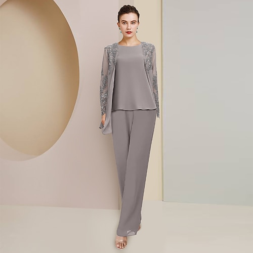 

Pantsuit 3 -dels jakkesæt Kjole til brudens mor Formel Bryllupsgæst Elegant Scoop hals Gulvlang Chiffon Blondelukning Uden ærmer Indpakning inkluderet med Paillette Applikeret broderi 2023