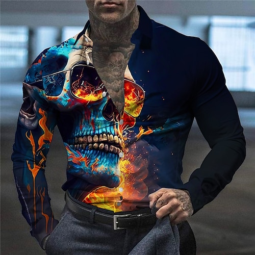 

Men's Shirt Skull Graphic Prints Flame Dark Turndown Blue Gray Outdoor Street Long Sleeve Print Clothing Apparel Fashion Streetwear Designer Punk Gothic