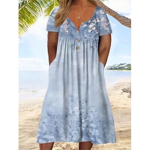 

Dame Plusstørrelser Hverdagskjole A Linje Kjole Blomstret Midikjole Kortærmet Krøllede Folder Knap V-hals Mode Daglig Grøn Lyseblå Sommer Forår L XL XXL 3XL