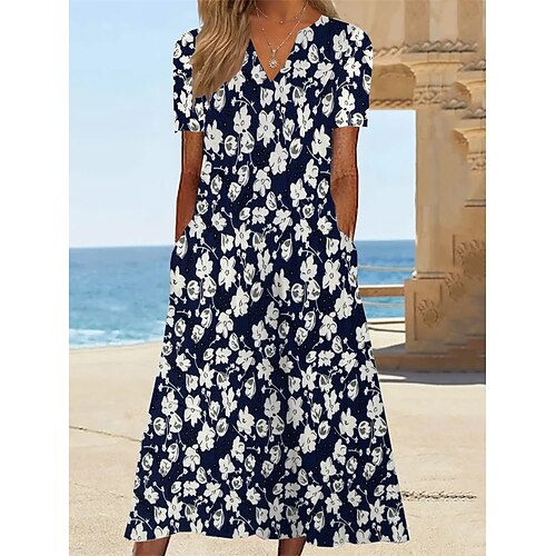 

Dame Uformell kjole Sommerkjole Print kjole Blomstret Lomme Trykt mønster V-hals Midikjole Aktiv Mote utendørs Stevnemøte Kortermet Normal Navyblå Sommer Vår S M L XL XXL