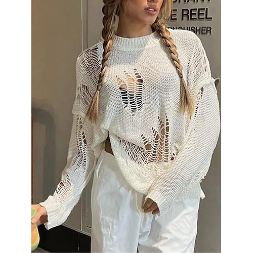 

Women's Pullover Sweater Jumper Jumper Ribbed Knit Hole Solid Color Crew Neck Stylish Casual Daily Going out Summer Spring White S M L