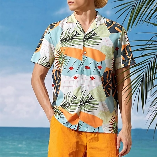 

Herre Skjorte Hawaii skjorte Grafiske tryk Blade Cubansk krave Blå Afslappet Hawaiiansk Kortærmet Knap ned Trykt mønster Tøj Sport Mode Gade Designer