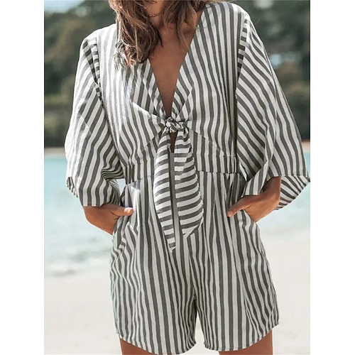 

Damen Kurz Jumpsuit mit Schnürung Bedruckt Gestreift Tiefes V Strassenmode Urlaub Strasse Täglich Regular Fit Langarm Grau S M L XL Sommer