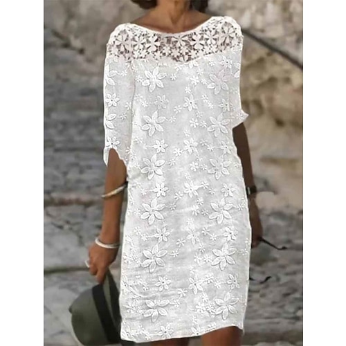 

Women's Cotton Linen Dress Shift Dress Midi Dress Contrast Lace Embroidered Elegant Daily Crew Neck Half Sleeve Summer Spring White