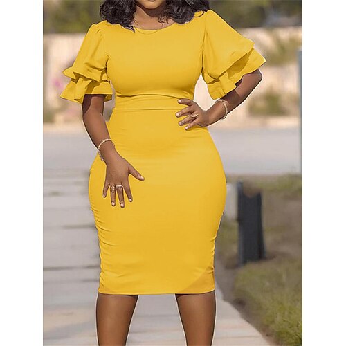 

Dame Plusstørrelser Arbejdskjole Bodycon Kappe Kjole Helfarve Midikjole Kortærmet Drapering Rund hals Mode Kontor Sort Hvid Sommer Forår XL XXL 3XL 4XL 5XL