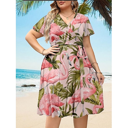 

Per donna Plus Size Abito casual Abito linea A A foglia Fenicottero Vestito longuette Manica corta Stampa A V Romantico Appuntamento Rosa Estate Primavera L XL XXL 3XL 4XL
