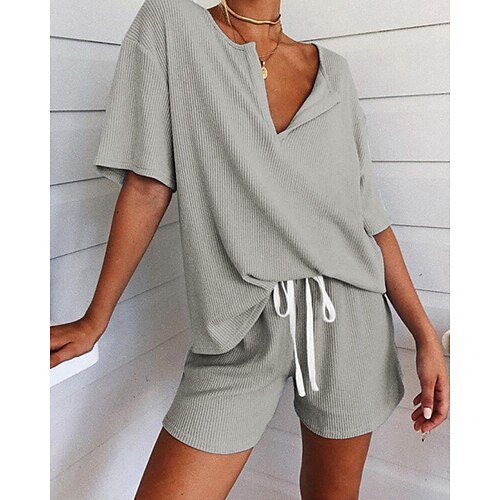 

Femme Chemise Ensembles de shorts Short de survêtement basique Rouge Gris Casual Quotidien Couleur unie Cordon Col V S M L XL 2XL