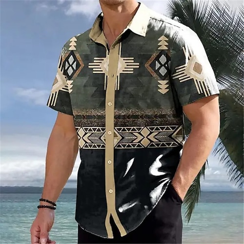 

Homens Camisa Social Camisas havaianas vintage Tribal Estampas Abstratas Vintage Geometria Aberto para a Lateral Verde Ao ar livre Rua Manga Curta Imprimir Roupa Moda Roupa de rua Designer Macia