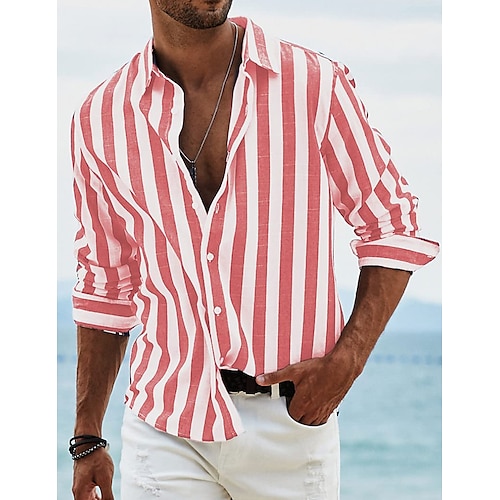 

Men's Shirt Button Up Shirt Casual Shirt Summer Shirt Beach Shirt Yellow Pink Blue Sky Blue Green Long Sleeve Striped Lapel Street Vacation Print Clothing Apparel Fashion Leisure Hawaiian