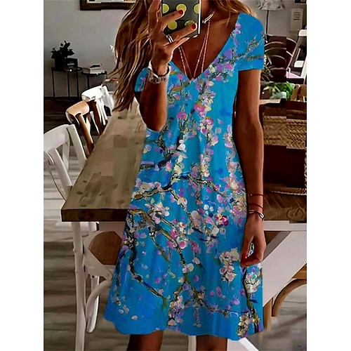 

abito maglione casual da donna abito maglione a trapezio abito maglione floreale stampa floreale scollo a V abito maglione midi moda attiva strada all'aperto manica corta vestibilità ampia blu viola