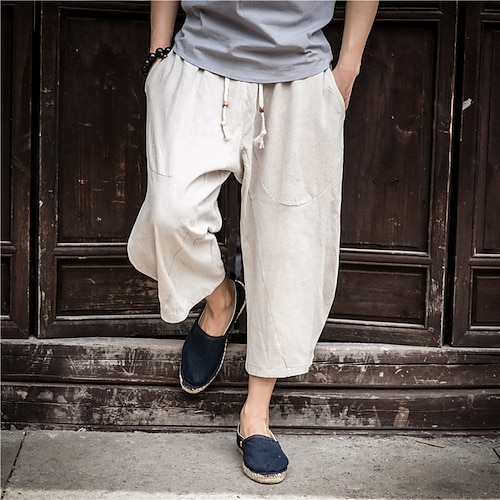 

Men's Linen Shorts Summer Shorts Capri Pants Straight Pocket Elastic Waist Solid Color Comfort Breathable Ankle-Length Daily Holiday Linen / Cotton Blend Chinese Style Casual Black Wine Micro-elastic