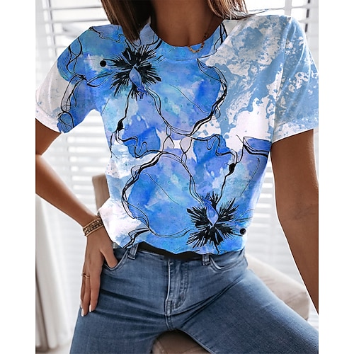 

Women's T shirt Tee Yellow Pink Blue Floral Print Short Sleeve Holiday Weekend Basic Round Neck Regular Floral Painting S