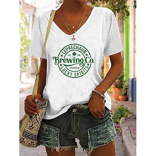 

Damen T Shirt Schwarz Weiß Blau Blatt St. Patricks Day Bedruckt Langarm Festtage Wochenende Rundhalsausschnitt Standard Blume Farbe S