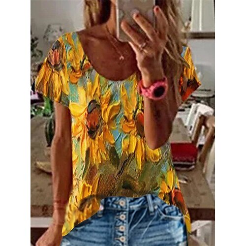 

Mujer Camiseta Amarillo Foco Multicolor Estampado Manga Corta Festivos Fin de semana Básico Escote en Pico Regular Flor Abstracto Pintura S