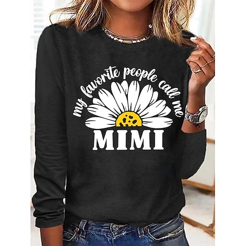 

T shirt Tee Femme Noir Rouge Bleu Lettre Marguerite Imprimer manche longue Vacances Fin de semaine basique Col Rond Normal Standard Fleur Peinture S