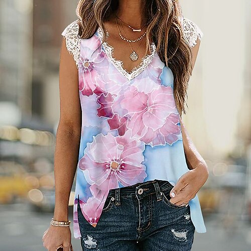 

Damen Tank Top Rosa Blumen Spitze Bedruckt Ärmellos Casual Wochenende Basic V Ausschnitt Standard Blume S