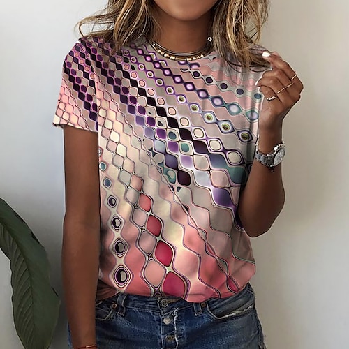 

Women's T shirt Tee Pink Red Green Geometric Print Short Sleeve Daily Weekend Basic Round Neck Regular Geometric Painting S