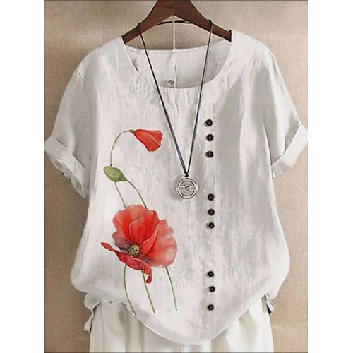 

Mulheres Camisa Social Blusa Branco Amarelo Vermelho Floral Botão Imprimir Manga Curta Casual Básico Decote Redondo Padrão Tema Flores S