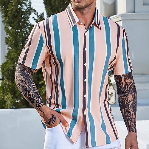 

Herre Skjorte Button Up skjorte Lodrette strimler Aftæpning Mandel Lyserød Plusstørrelser udendørs Afslappet Kortærmet Tøj Moderne Stil Retro / vintage