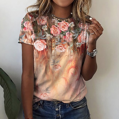 

Mulheres Camiseta Laranja Floral Imprimir Manga Curta Feriado Final de semana Básico Decote Redondo Padrão Tema Flores Pintura S