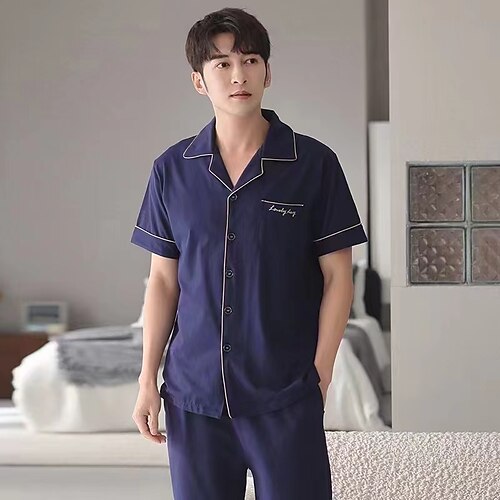 

camisas de algodón de manga corta con botones para hombre pantalones vacaciones verano suave cómodo ropa de dormir loungewear pijama conjunto