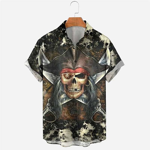 

Homens Camisa Social Caveiras Estampas Abstratas Vintage Pirata Aberto para a Lateral Verde Ao ar livre Rua Manga Curta Imprimir Roupa Moda Roupa de rua Designer Macia