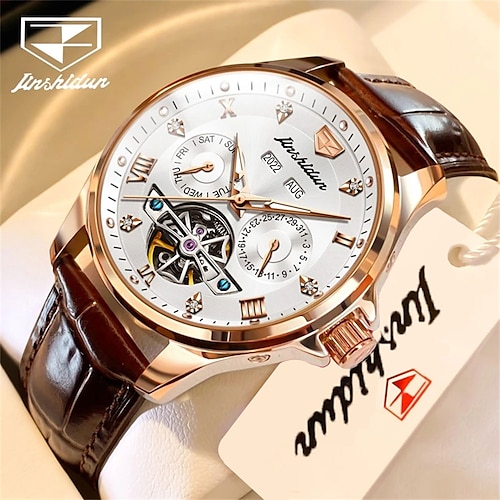 

Reloj mecánico automático de lujo jsdun 8926, correa de cuero para hombre, reloj de oro rosa, diseño de esqueleto, reloj de pulsera impermeable para hombre a la moda