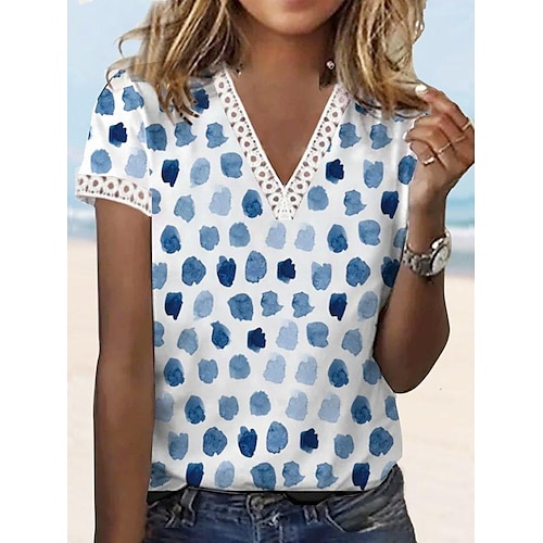 

Damen Hemd Bluse Weiß Blau Blumen Punkt Spitzenbesatz Bedruckt Kurzarm Casual Festtage Basic V Ausschnitt Standard Blume S