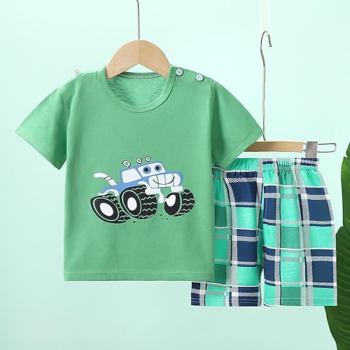 

2 Pieces Kids Boys T-shirt & Shorts Outfit Animal Cartoon Short Sleeve Crewneck Set Casual Fashion Daily Summer Spring 3-7 Years (Sizes below 100cm have shoulder buckles)