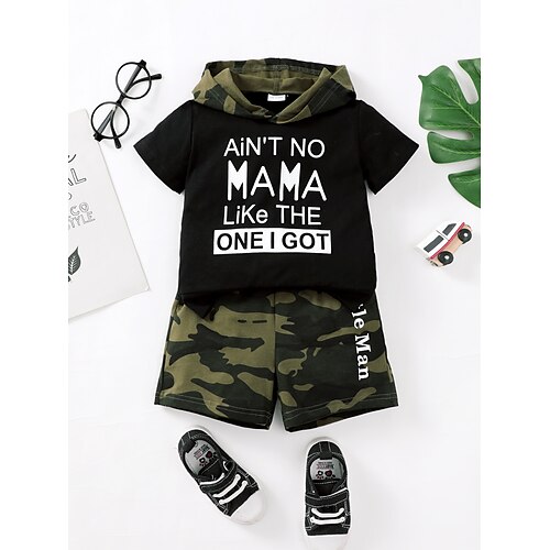 

2 Dele Børn Drenge Tøjsæt Outfit Bogstaver camouflage Halvlange ærmer Sæt udendørs Basale Afslappet Sommer 3-7 år Sort