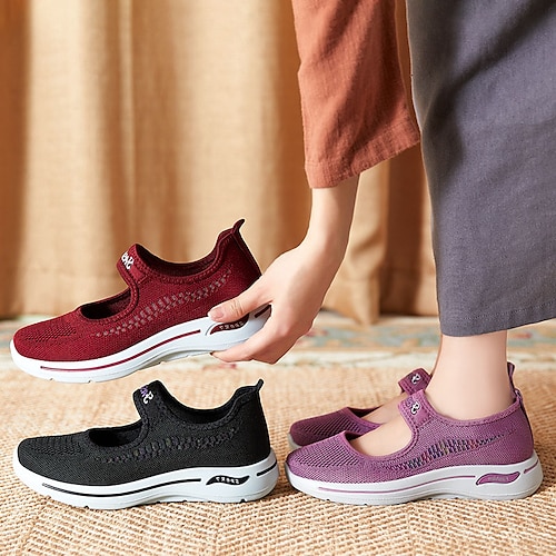 

Dame Treningssko Slip-Ons Komfort Sko Store størrelser Flyknit sko utendørs Daglig Flat hæl Rund Tå Sportslig Fritid minimalisme Gange Flying Weaving Tøfler slagord Svart Rød Lilla