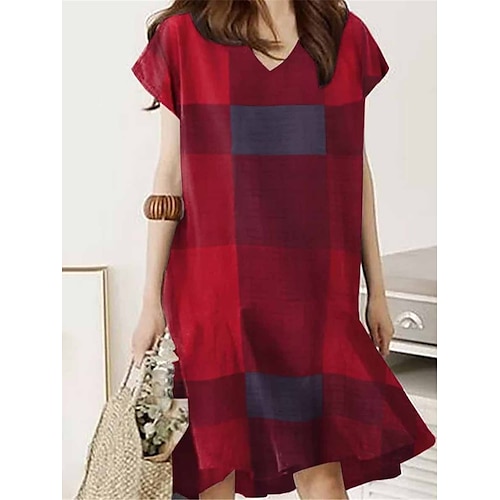 

kvinders afslappet sweaterkjole skiftetrøjekjole sommersweaterkjole plaid ruched print v-hals mini sweaterkjole aktiv mode udendørs daglig kortærmet løs pasform gul rød marineblå sommer