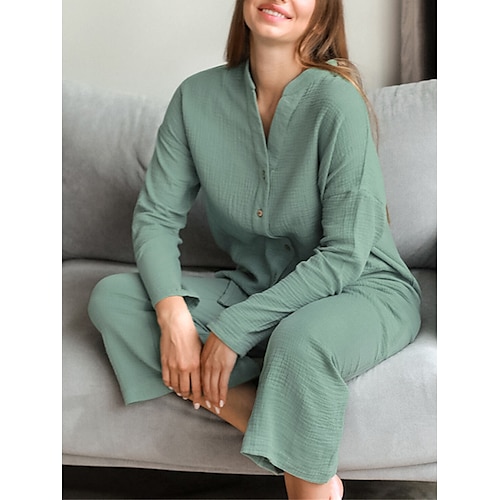 

Per donna loungewear Completi Colore puro Essenziale Informale Comoda Interni Giornaliero Da mare Cotone Traspirante Spacco a V Manica lunga Camicia Pantalone Pulsante Estate Primavera Blu Viola