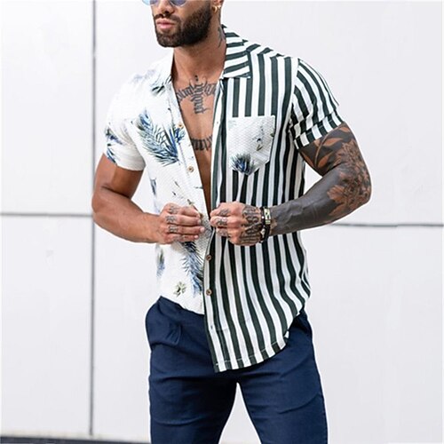 

Homens Camisa Social Camisa havaiana Listrado Estampas Abstratas Folhas Aberto para a Lateral Preto Ao ar livre Rua Manga Curta Botão para baixo Imprimir Roupa Tropical Moda Havaiana Designer
