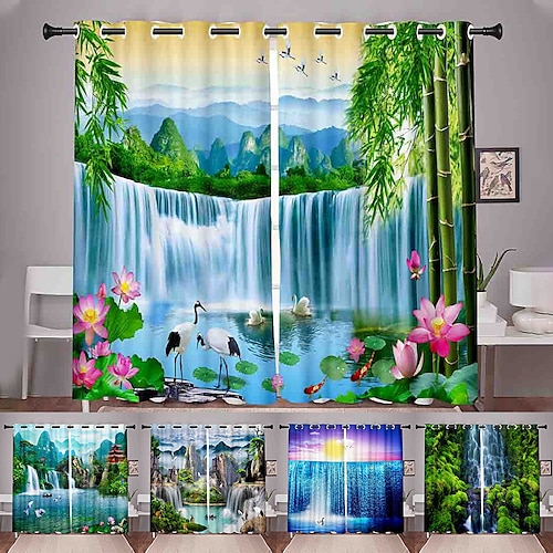 

3D Print Blackout Curtain Feather Print Curtain Drapes for Living Room Thermal Insulated Grommet Window Curtains for Bedroom Waterfall Natural Scenery