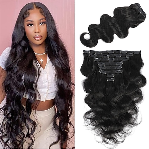 

body wave clip in hair extensions - krøllet hår extensions til sorte kvinder grade 10a brasiliansk remy hair 8 stk med 20 klips dobbelt skud tyk og blød 24 tommer