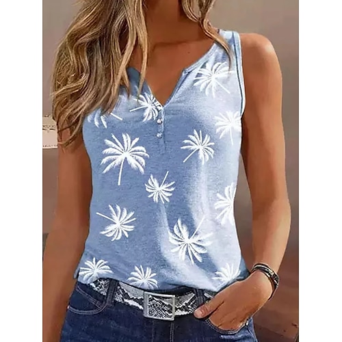 

Damen Tank Top Blau Baum Taste Bedruckt Ärmellos Casual Festtage Basic V Ausschnitt Standard Blume S