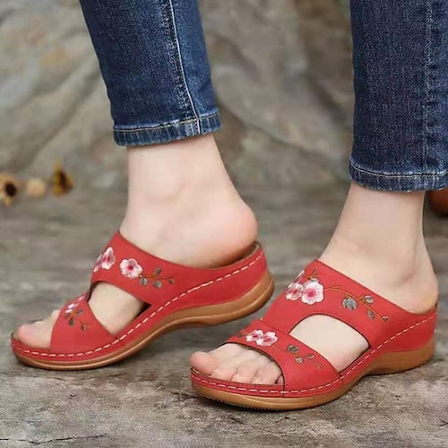 

Women's Mules Wedge Sandals Outdoor Slippers Home Work Daily Flower Wedge Heel Open Toe Casual Classic Minimalism Faux Leather Loafer Embroidered Black Red Brown