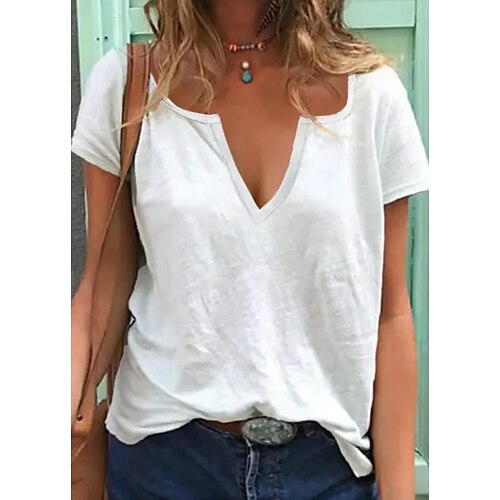 

Mulheres Camiseta Branco Tecido Manga Curta Casual Básico Decote V Padrão S