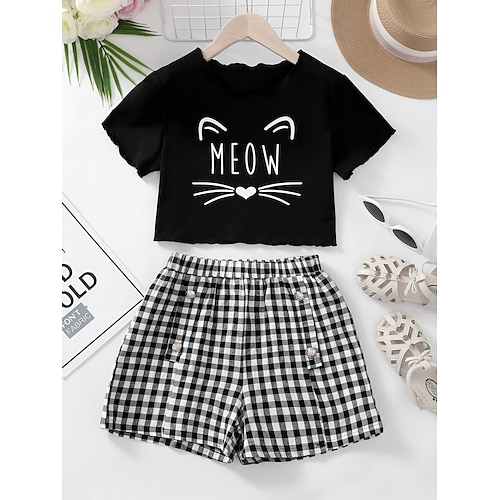 

2 pezzi Bambino Da ragazza Pop art Pulsante Tuta in pantaloncini Impostato Manica corta stile sveglio Informale 7-13 anni Estate Nero