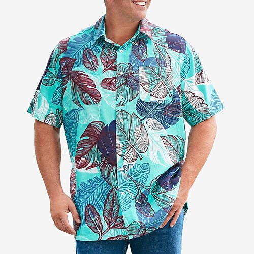 

Herre Skjorte Button Up skjorte Casual skjorte Plante Aftæpning Blå Plusstørrelser udendørs Hawaiiansk Kortærmet Tøj Moderne Stil Retro / vintage