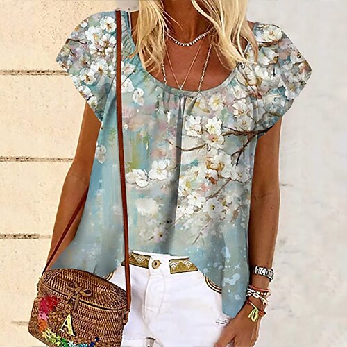 

Mujer Camiseta Verde Trébol Floral Estampado Manga Corta Festivos Fin de semana Básico Escote Redondo Regular Flor Pintura S