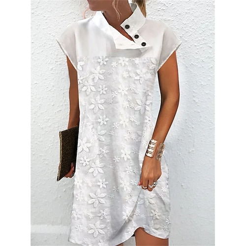 

Dame Afslappet påklædning Hvid kjole Sommerkjole Blomstret Knap Høj krave Midikjole Mode Klassisk Daglig Ferie Kortærmet Løstsiddende Hvid Sommer Forår S M L XL XXL