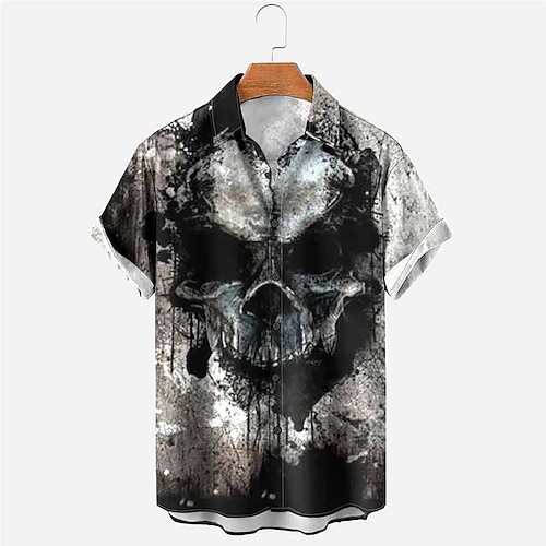 

Men's Shirt Skull Graphic Prints Vintage Turndown Gray Outdoor Street Short Sleeves Print Clothing Apparel Fashion Streetwear Designer Soft